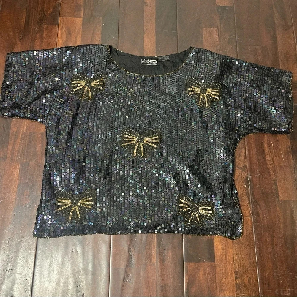 VTG Jewel Queen Beaded Blouse Silk Women’s Large Butterfly’s Sequins